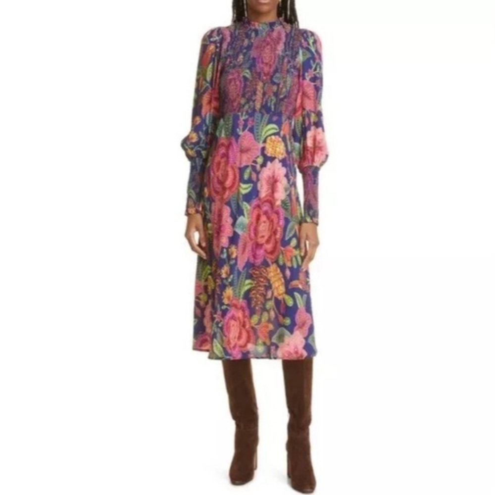 FARM Rio Macaw Bloom Floral Smocked Mock Neck Juliet Sleeve Dress size M